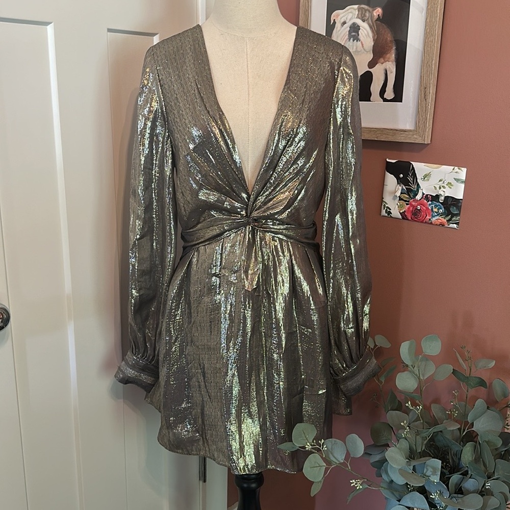 Ramy Brook Elise mini deep V plunge mini silk metallic draped lined 6 dress - Picture 15 of 15